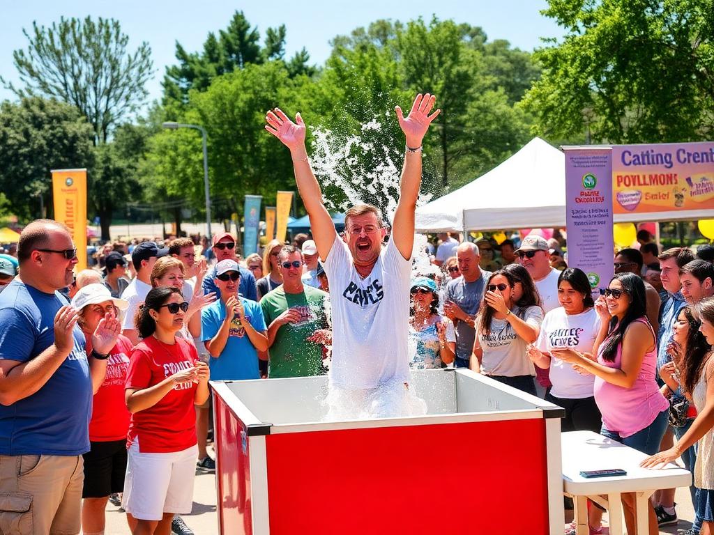 Charity festival crowd cheering a volunteer mid-dunk