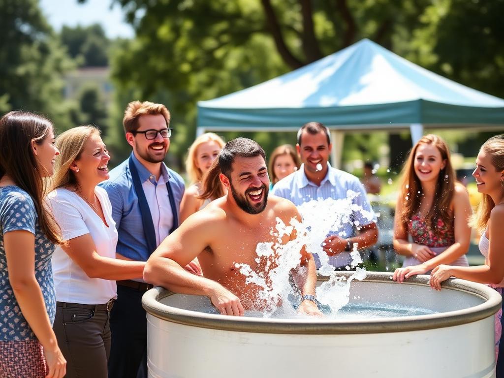 Coworkers laughing as a colleague gets dunked at a company picnic