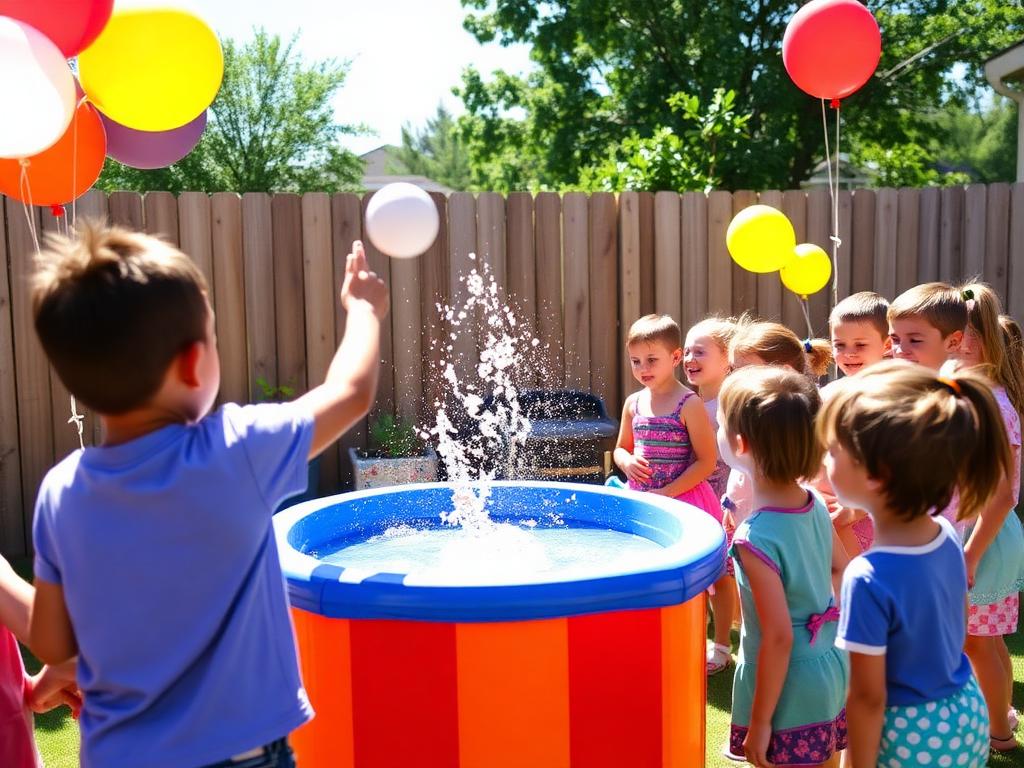 Backyard birthday party with kids lining up at the dunk tank